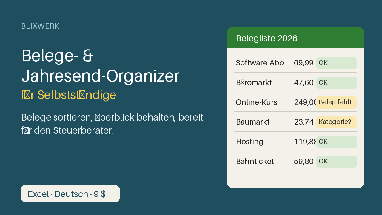 Belege- & Jahresend-Organizer für Selbstständige (Excel)