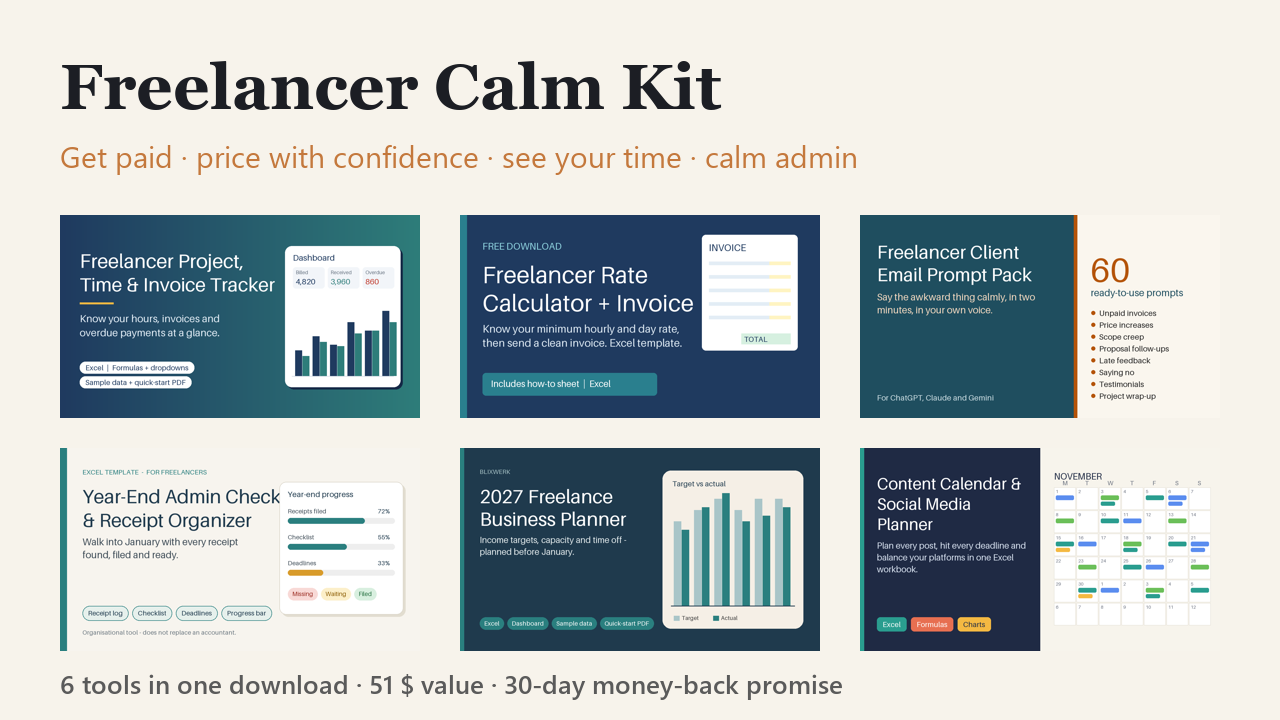 Freelancer Calm Kit – Get Paid, Price Right, Plan Your Year (6 Tools)