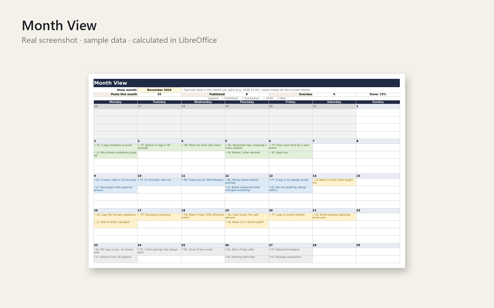 content calendar soc 01 Month View